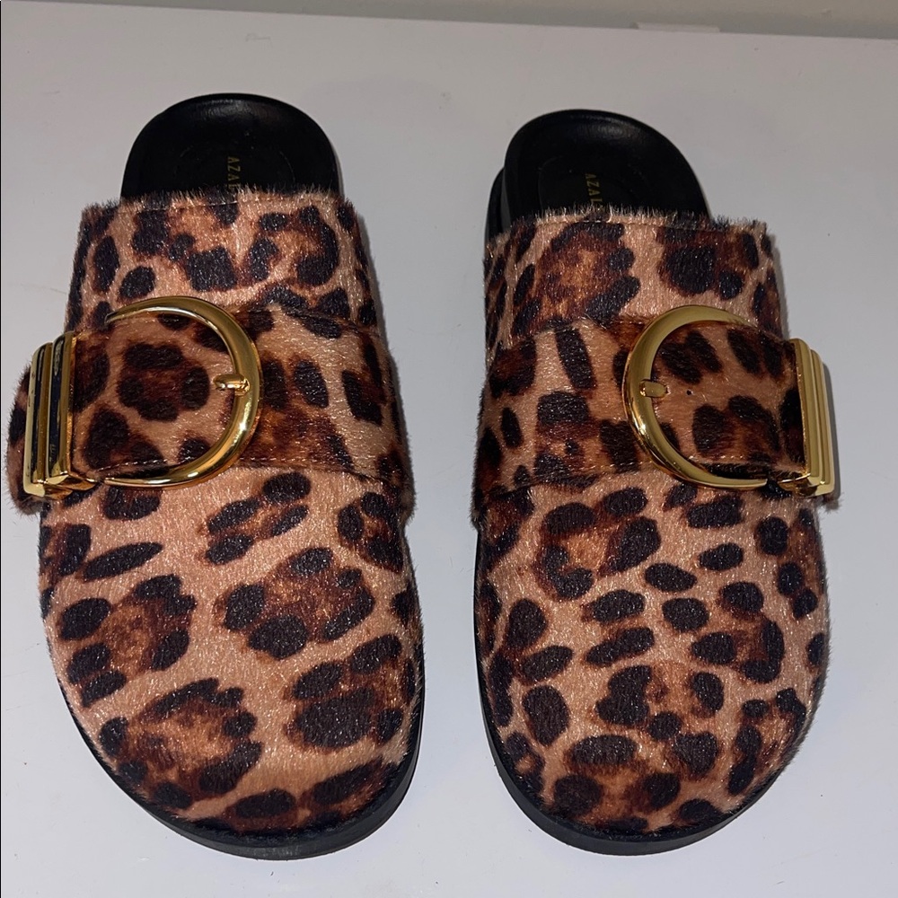 Leopard Print Mules with Gold Buckle